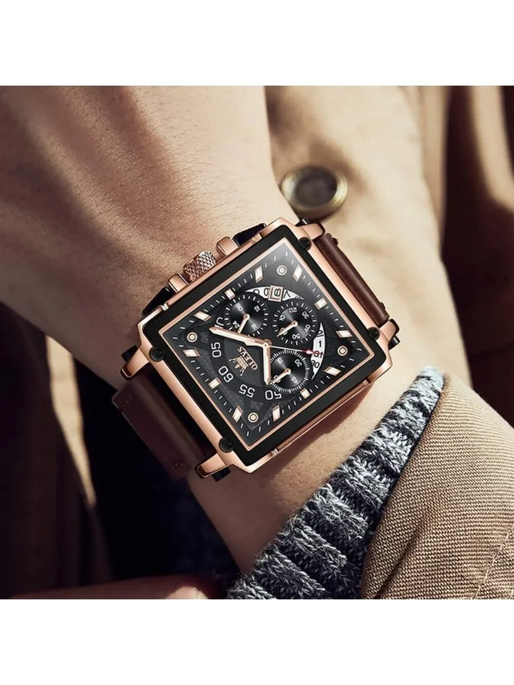 Men's Brown Black Quartz Leather Strap Waterproof Trendy Square Dial Wrist Watch